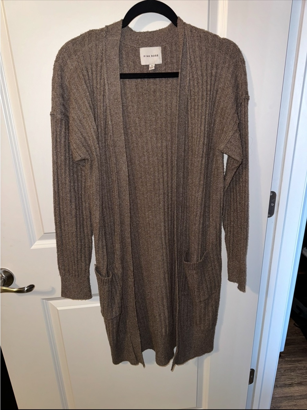 Pink Rose Long Open-Front Ribbed Cardigan in Taupe Brown